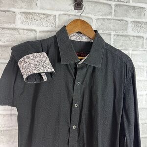 Robert Graham Designer All Black Paisley Print Flip Cuff Dress Shirt Mens XL